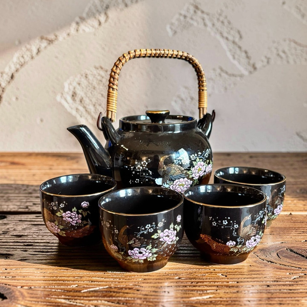 Vintage OMC Japan Black Tea Set Teapot 4 Cups Peacocks Floral Gold Trim Bamboo